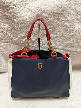 Tommy Hilfiger Navy, White & Red Shoulder Bag with Gold Hardware